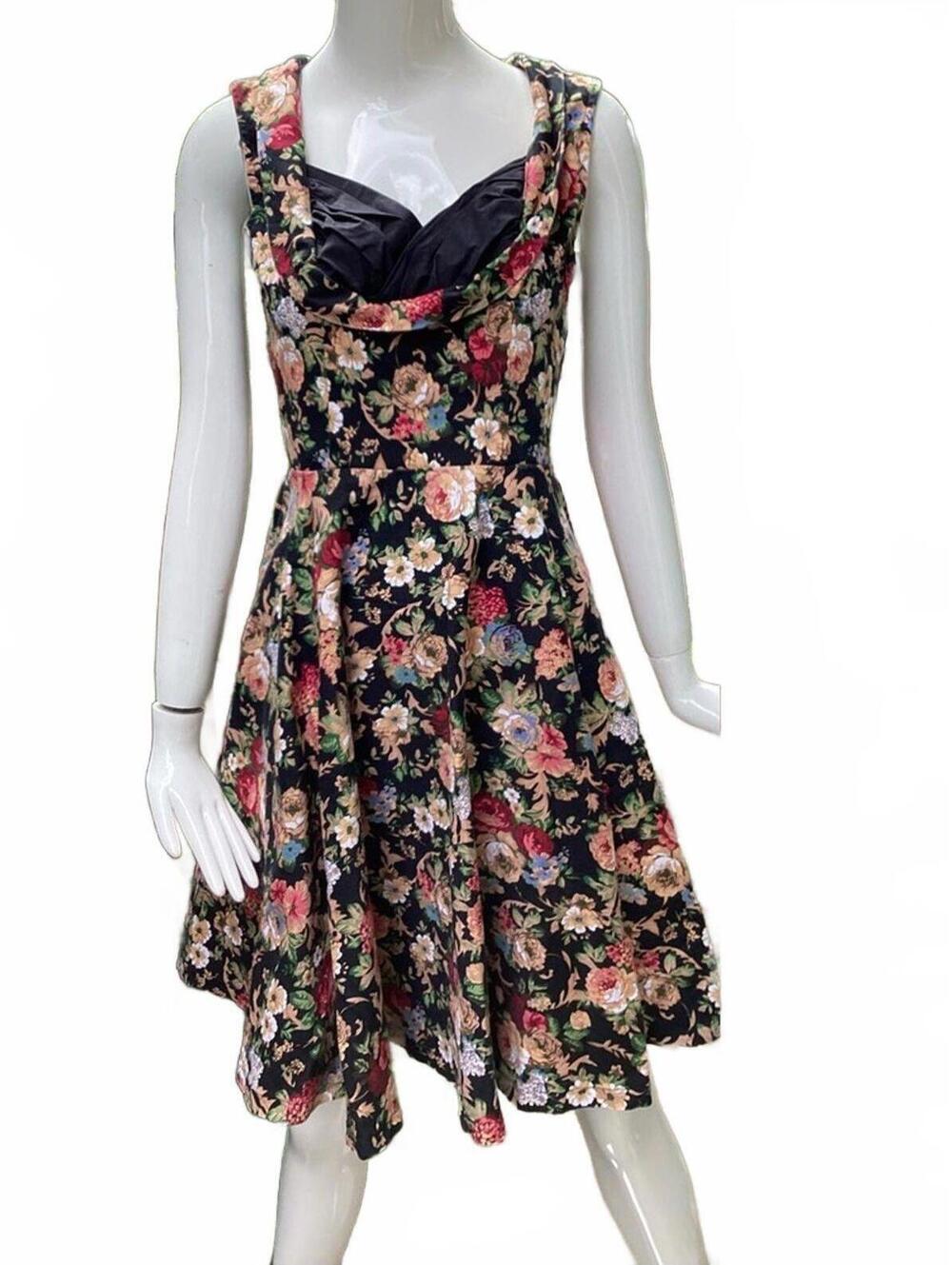 Lindy Bop Fit and Flair Dress Full Circle Skirt Floral on Black Retro Swing XS